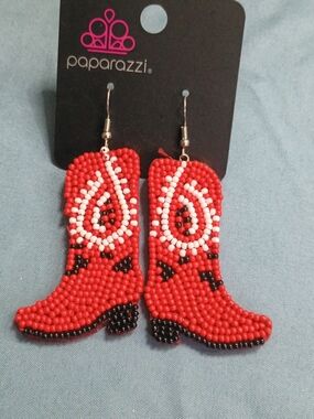 Paparazzi Red, White and Black Beaded Cowboy Boot Earrings